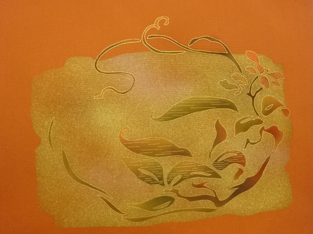  塩瀬金彩抽象草花模様刺繍名古屋帯